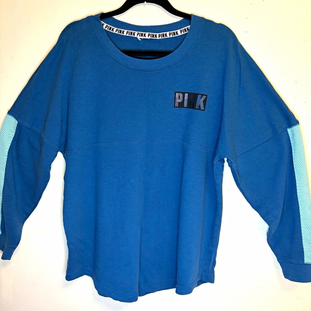 PINK Victoria’s Secret Blue Logo Crewneck Pullover Fleece Sweatshirt Women L